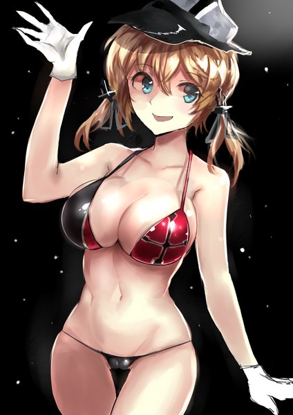 Anime picture 900x1273 with kantai collection prinz eugen (kantai collection) rinaka moruchi single tall image looking at viewer fringe short hair open mouth blue eyes light erotic blonde hair standing twintails looking away black background girl gloves navel swimsuit
