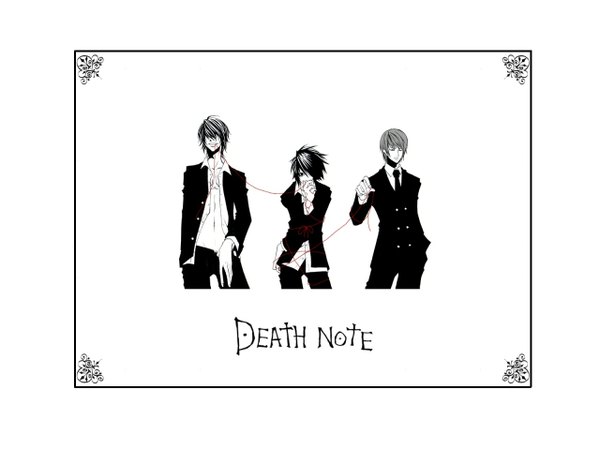 Anime picture 1280x960 with death note madhouse yagami light l (death note) fringe simple background white background hair over one eye inscription open clothes open shirt monochrome group open collar framed hair over eyes boy necktie thread red thread