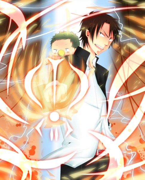 Anime picture 1105x1365 with beelzebub studio pierrot oga tatsumi beelzebub iv tkmnn (artist) tall image short hair open mouth brown hair green hair magic boy shirt belt child (children)