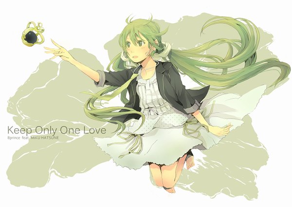 Anime picture 1280x909 with vocaloid hatsune miku yoshito (u10) single long hair simple background twintails green eyes barefoot green hair inscription jumping twisty sleeves girl earrings necktie jewelry crown