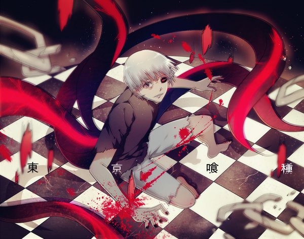 Anime picture 1800x1418 with tokyo ghoul studio pierrot kaneki ken kurasaki ken single looking at viewer highres short hair silver hair barefoot from above copyright name heterochromia torn clothes checkered floor floor boy chain kagune