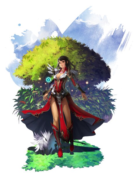 Anime picture 1153x1500 with aion single long hair tall image breasts brown hair large breasts white background brown eyes cleavage walking girl dress plant (plants) tree (trees) pendant thigh boots feather (feathers) grass necklace