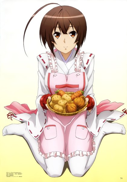 Anime picture 2927x4177 with sekirei musubi hashimoto takayoshi fukuda michio single tall image highres short hair simple background brown hair white background sitting ahoge orange eyes wariza girl gloves food fingerless gloves apron