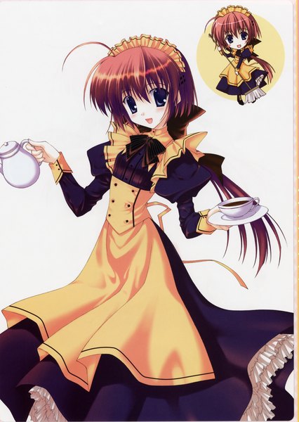 Anime picture 1617x2275 with original nanao naru single long hair tall image looking at viewer fringe open mouth hair between eyes brown hair purple eyes signed ahoge :d scan shadow maid low ponytail double buttons girl