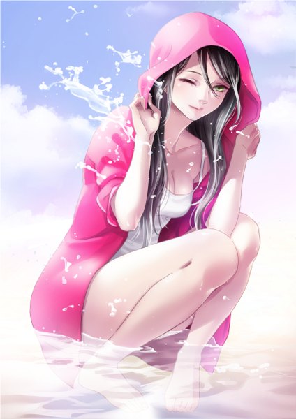 Anime picture 868x1228 with original ojyou single long hair tall image looking at viewer black hair sitting green eyes sky cloud (clouds) bent knee (knees) one eye closed barefoot wink bare legs knees touching adjusting hood girl water