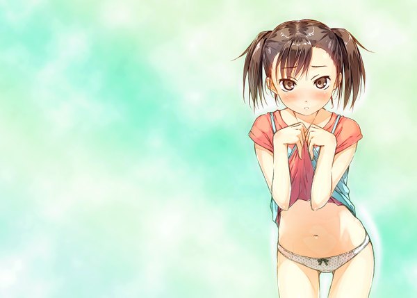 Anime picture 1385x991 with kantoku single looking at viewer blush fringe short hair open mouth light erotic brown hair twintails brown eyes undressing girl navel underwear panties