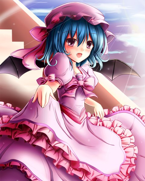Anime picture 1000x1250 with touhou remilia scarlet yuzin (artist) single tall image blush short hair open mouth red eyes blue hair teeth fang (fangs) girl dress wings frills bonnet