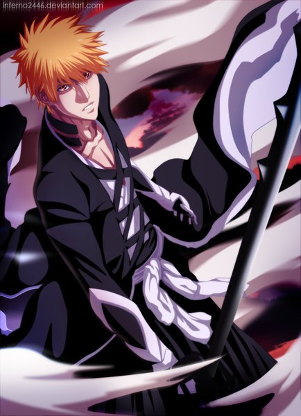 Anime picture 723x1000 with bleach studio pierrot kurosaki ichigo inferno2446 single tall image short hair sky cloud (clouds) traditional clothes japanese clothes from above orange hair orange eyes coloring smoke boy weapon sword belt