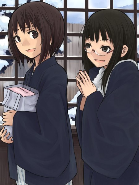 Anime picture 960x1280 with original okiru (artist) long hair tall image short hair open mouth black hair multiple girls traditional clothes japanese clothes black eyes girl 2 girls glasses kimono