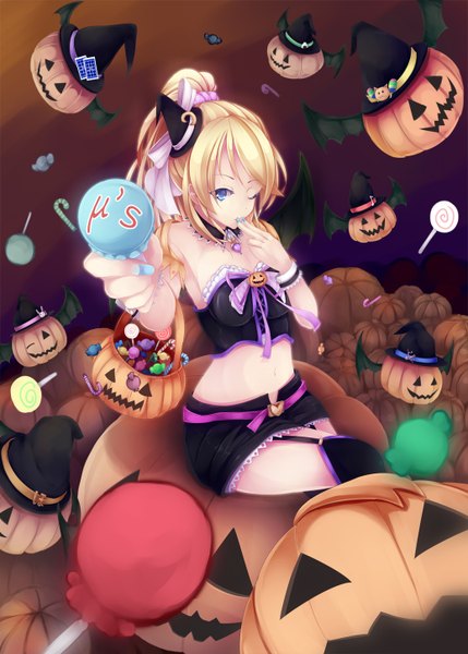 Anime picture 1036x1450 with love live! school idol project sunrise (studio) love live! ayase eli sawa nao single long hair tall image blue eyes blonde hair sitting ponytail one eye closed wink midriff crossed legs finger to mouth halloween bat wings girl