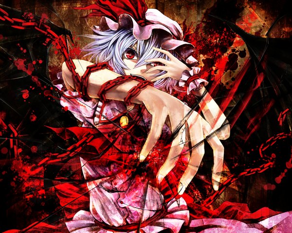 Anime picture 2000x1600 with touhou remilia scarlet kazabana fuuka single highres short hair open mouth red eyes blue hair girl dress wings chain bonnet