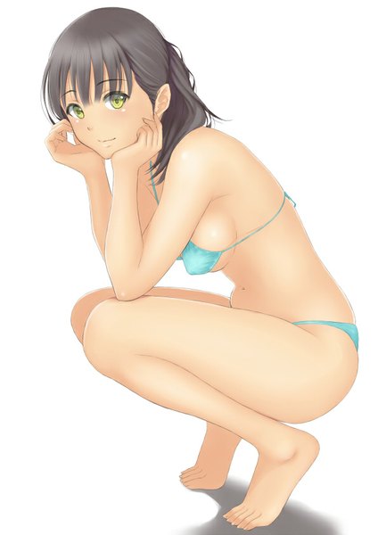 Anime picture 595x841 with original muffin (sirumeria) single long hair tall image looking at viewer breasts light erotic black hair simple background white background yellow eyes barefoot bare legs girl swimsuit bikini