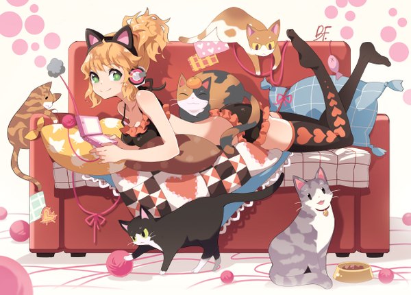 Anime picture 1213x871 with original bf. (sogogiching) long hair looking at viewer green eyes animal ears lying light smile cat ears orange hair no shoes on stomach girl thighhighs underwear panties black thighhighs frills lingerie bra