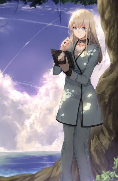 Anime picture 760x1160 with original hews single long hair tall image blue eyes blonde hair sky cloud (clouds) girl plant (plants) tree (trees) water sea suit