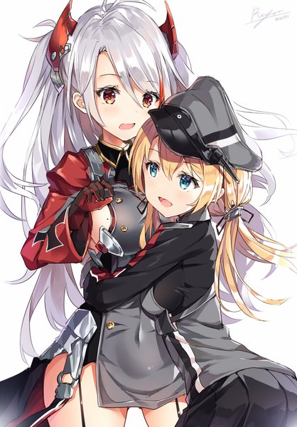 Anime picture 795x1142 with kantai collection azur lane prinz eugen (azur lane) prinz eugen (kantai collection) rin yuu long hair tall image blush fringe breasts open mouth blue eyes light erotic blonde hair simple background smile hair between eyes large breasts white background twintails