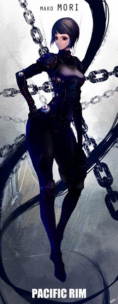 Anime picture 500x1280 with pacific rim mako mori dutomaster single tall image short hair black hair looking away black eyes girl chain bodysuit suit