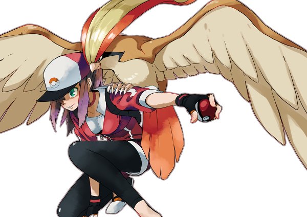 Anime picture 1200x848 with pokemon pokemon (game) pokemon go nintendo female protagonist (pokemon go) pidgeot doushimasho single long hair simple background smile white background green eyes looking away purple hair ponytail outstretched arm squat fighting stance gen 1 pokemon