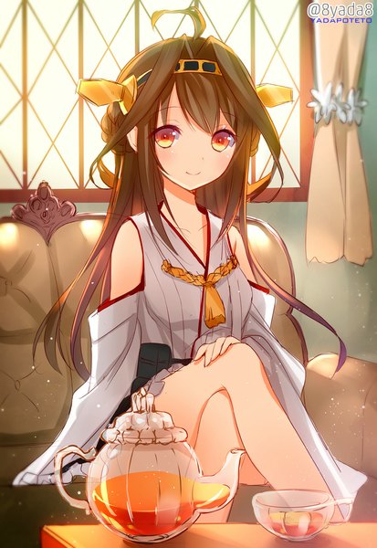 Anime picture 700x1015 with kantai collection kongou battleship yadapot single long hair tall image looking at viewer blush red eyes brown hair sitting ahoge traditional clothes japanese clothes light smile crossed legs nontraditional miko girl window hairband