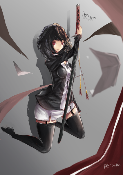Anime picture 2480x3508 with original paradise (character) tom 23579 single tall image looking at viewer fringe highres short hair black hair simple background red eyes holding wind grey background open clothes open jacket shadow no shoes kneeling