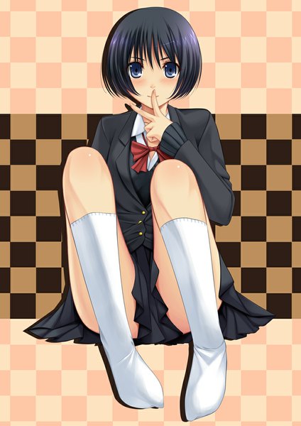 Anime picture 744x1052 with original chiro (pixiv) single tall image looking at viewer blush short hair blue eyes black hair legs finger to mouth checkered background girl skirt uniform school uniform socks white socks