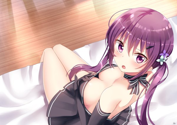 Anime picture 1157x819 with gochuumon wa usagi desu ka? white fox tedeza rize piripun single long hair looking at viewer blush fringe breasts open mouth light erotic hair between eyes large breasts sitting purple eyes twintails cleavage purple hair from above