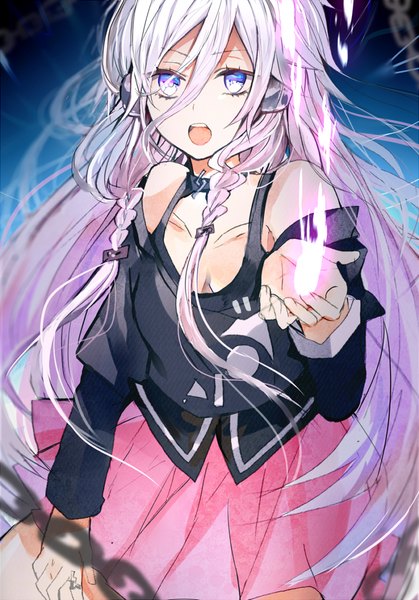Anime picture 700x1002 with vocaloid ia (vocaloid) poni (rito) single long hair tall image looking at viewer fringe open mouth hair between eyes pink hair braid (braids) twin braids outstretched arm glowing singing girl chain