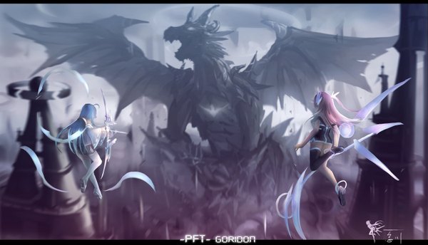 Anime picture 1500x860 with original pixiv fantasia pixiv fantasia t wangchuan de quanyan long hair wide image multiple girls blue hair pink hair from behind letterboxed fantasy girl thighhighs weapon 2 girls white thighhighs single thighhigh dragon huge weapon