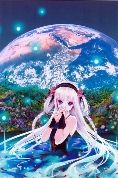 Anime picture 1743x2622 with original cradle - misaki kurehito & kuroya shinobu - re (artbook) misaki kurehito tall image looking at viewer fringe highres blue eyes bare shoulders silver hair white hair braid (braids) sleeveless reflection girl dress hair ornament flower (flowers) plant (plants) earrings