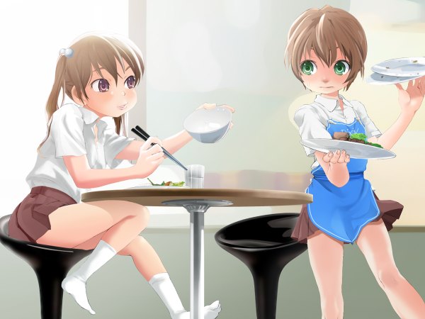 Anime picture 1200x900 with original yuki18r long hair blush short hair brown hair standing sitting twintails purple eyes holding green eyes pleated skirt barefoot couple eating open collar otoko no ko girl boy