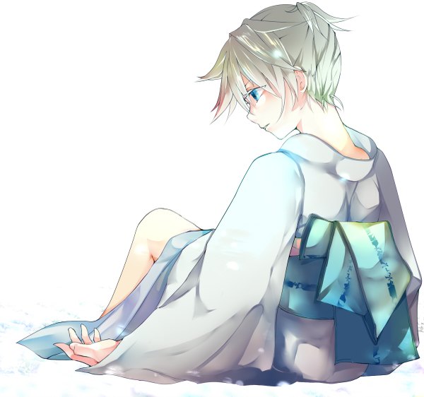 Anime picture 1200x1125 with vocaloid kagamine len maclo (makuro) single short hair blue eyes simple background blonde hair white background sitting japanese clothes profile from behind boy yukata