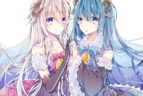 Anime picture 2039x1378 with vocaloid hatsune miku ia (vocaloid) shinkage kuroe long hair looking at viewer highres open mouth blue eyes purple eyes bare shoulders multiple girls animal ears blue hair white hair long sleeves nail polish pleated skirt horn (horns) wide sleeves