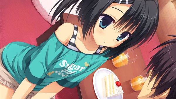 Anime picture 1280x720 with dracu-riot! yuzusoft mera azusa short hair blue eyes black hair wide image sitting game cg girl sweets cake