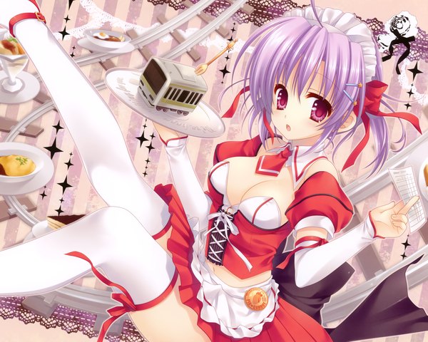 Anime picture 2500x2000 with pia carrot pia carrot 4 kamine ayaka tatekawa mako single highres short hair breasts open mouth light erotic red eyes purple hair maid legs girl thighhighs hair ornament bow ribbon (ribbons) hair ribbon