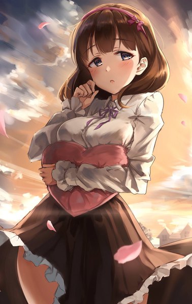 Anime picture 1255x1992 with idolmaster idolmaster cinderella girls sakuma mayu takeashiro single tall image blush short hair breasts blue eyes brown hair standing looking away sky wind aikurushii (idolmaster) girl skirt ribbon (ribbons) shirt