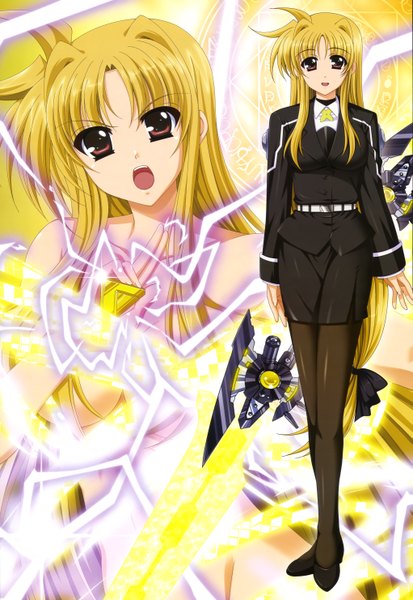 Anime picture 4081x5928 with mahou shoujo lyrical nanoha mahou shoujo lyrical nanoha strikers nyantype fate testarossa higa yukari long hair tall image highres open mouth blonde hair red eyes absurdres ahoge official art lightning girl skirt weapon miniskirt