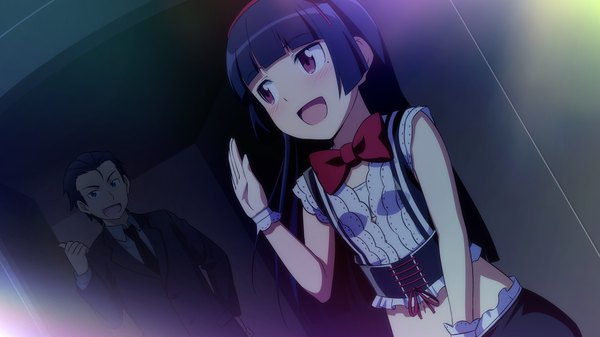 Anime picture 1280x720 with ore no imouto ga konna ni kawaii wake ga nai gokou ruri kousaka kyousuke long hair blush open mouth black hair wide image purple eyes game cg girl dress boy bowtie