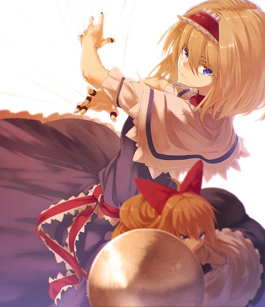 Anime picture 724x839 with touhou alice margatroid shanghai ibuki notsu tall image looking at viewer fringe short hair blue eyes blonde hair standing multiple girls looking back girl dress ribbon (ribbons) bow 2 girls hair bow apron