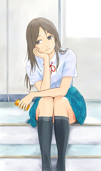 Anime picture 593x1000 with original hi iro single long hair tall image brown hair sitting brown eyes knees touching hand on cheek girl skirt uniform school uniform shirt socks black socks drink juice juice box