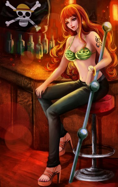 Anime picture 1500x2375 with one piece toei animation nami (one piece) rikamello single long hair tall image light erotic smile red eyes nail polish lips orange hair realistic tattoo lipstick skull and crossbones girl earrings pants