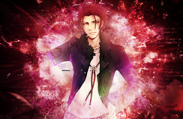 Anime picture 1600x1050 with k-project gohands (studio) mikoto suoh single looking at viewer short hair brown eyes red hair inscription open clothes open jacket smoking boy jacket pendant