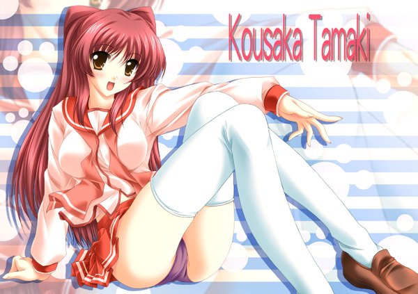 Anime picture 1275x900 with to heart 2 leaf (studio) kousaka tamaki akino shin single long hair looking at viewer open mouth light erotic brown eyes red hair girl thighhighs uniform underwear panties school uniform white thighhighs