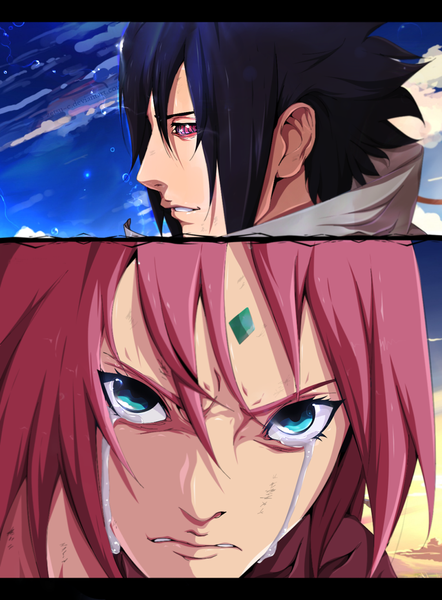 Anime picture 1000x1357 with naruto studio pierrot naruto (series) uchiha sasuke haruno sakura zetsu-c tall image short hair black hair smile purple eyes pink hair sky cloud (clouds) profile aqua eyes tears coloring facial mark close-up