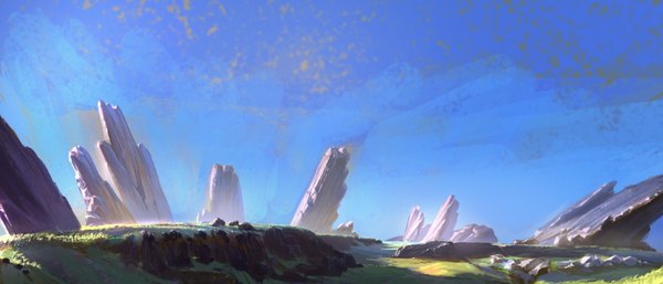 Anime picture 1008x432 with original ayane (artist) wide image sky sunlight no people landscape rock plant (plants) tree (trees) grass