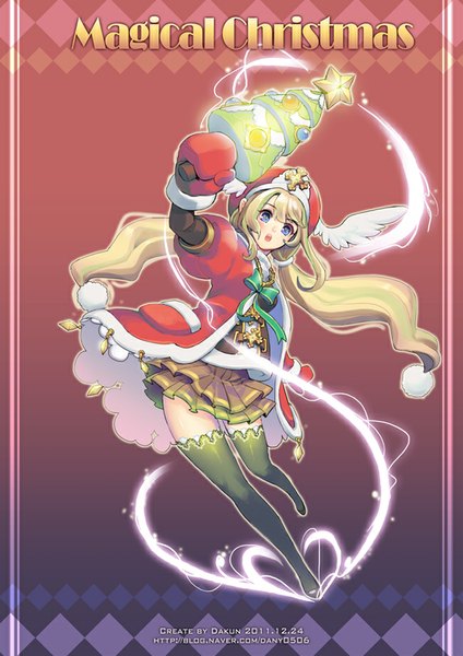 Anime picture 650x920 with dakun87 (artist) single long hair tall image looking at viewer blush open mouth blue eyes blonde hair twintails christmas merry christmas girl dress headdress