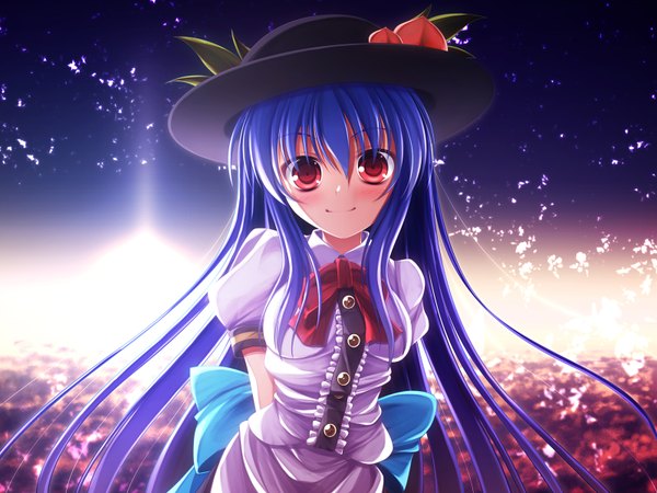 Anime picture 1600x1200 with touhou hinanawi tenshi hatomura (tareneko club) single long hair looking at viewer blush smile red eyes blue hair night girl dress hat