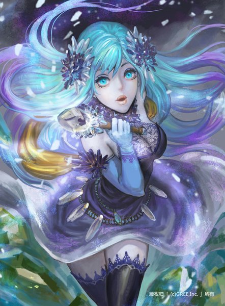 Anime picture 634x861 with original xiaji single long hair tall image fringe open mouth blue eyes blue hair purple hair multicolored hair hair flower from above lips two-tone hair zettai ryouiki snowing pale skin white skin girl