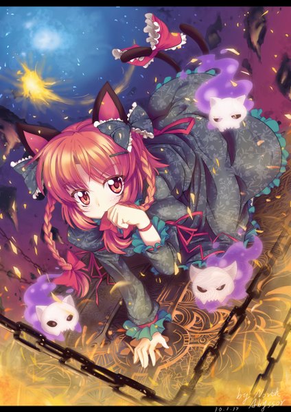 Anime picture 905x1280 with touhou kaenbyou rin north abyssor long hair tall image looking at viewer red eyes animal ears red hair tail braid (braids) animal tail cat ears cat girl cat tail twin braids covered mouth ghost girl dress