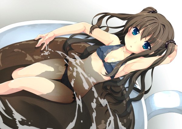 Anime picture 1214x860 with original oruto (ort+) single long hair blush blue eyes light erotic black hair girl swimsuit bikini water
