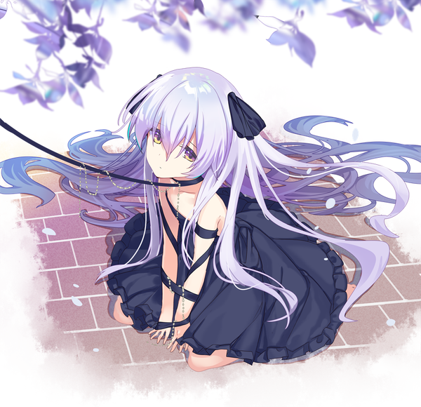 Anime picture 827x800 with original nyori single long hair looking at viewer fringe hair between eyes sitting twintails bare shoulders yellow eyes purple hair bent knee (knees) barefoot from above wariza bound hands girl dress flower (flowers)