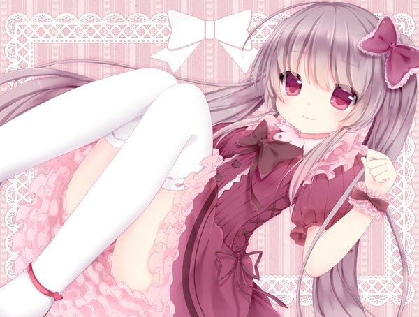 Anime picture 1000x758 with original nachi single long hair looking at viewer twintails pink eyes grey hair girl thighhighs dress bow hair bow white thighhighs frills